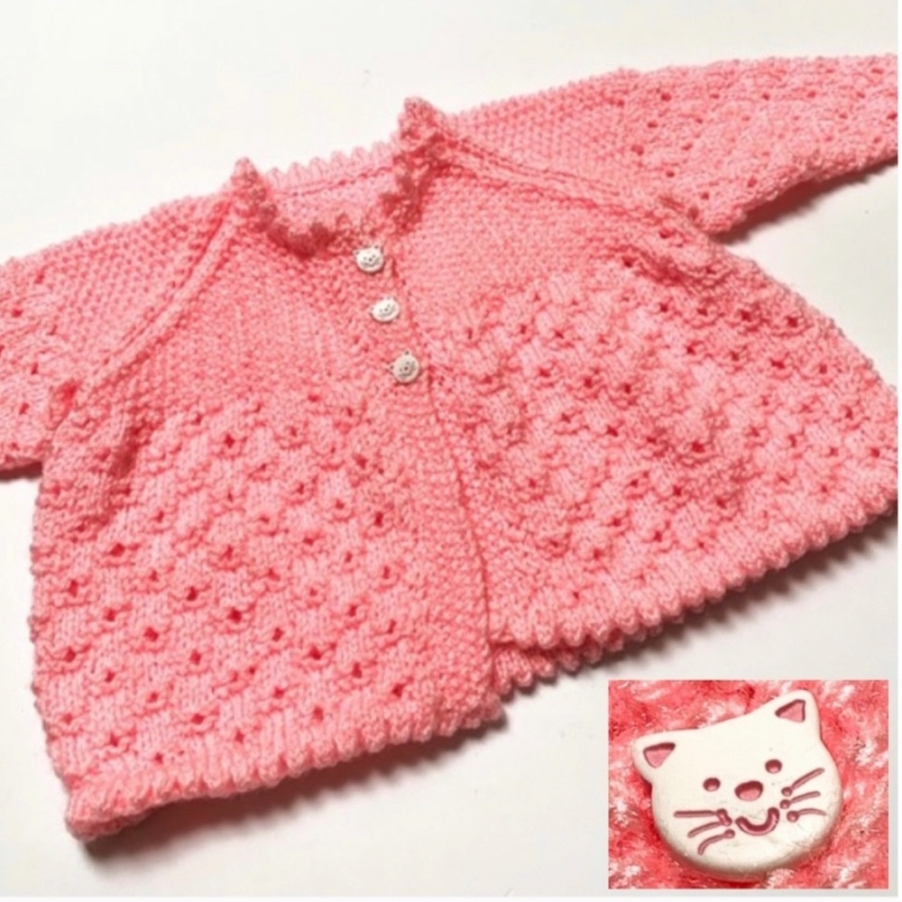 Pink Hand Knit Sweater with Kitty Buttons
